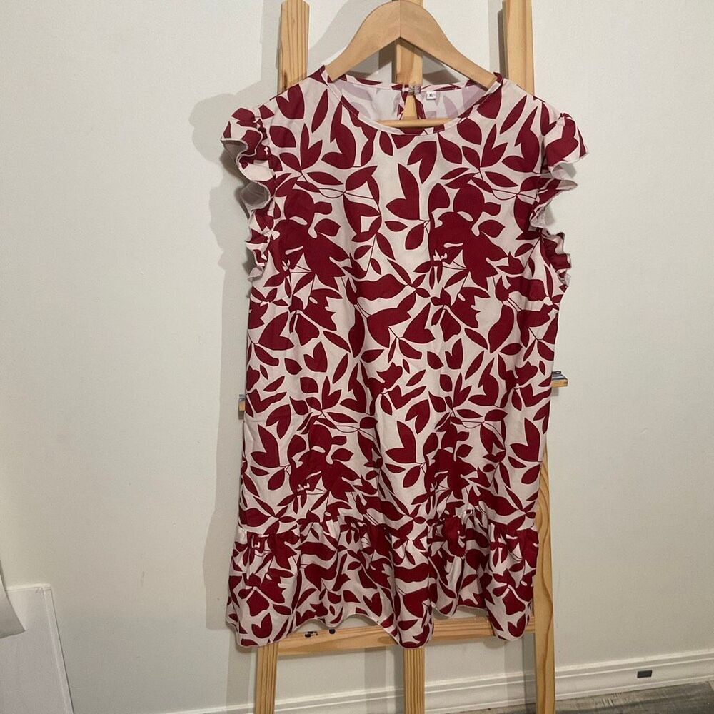 SHEIN red and white leaf print mini dress casual shift dress size XL